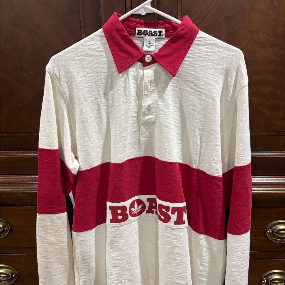 Red and White Polo Shirt with Color-Blocking Design